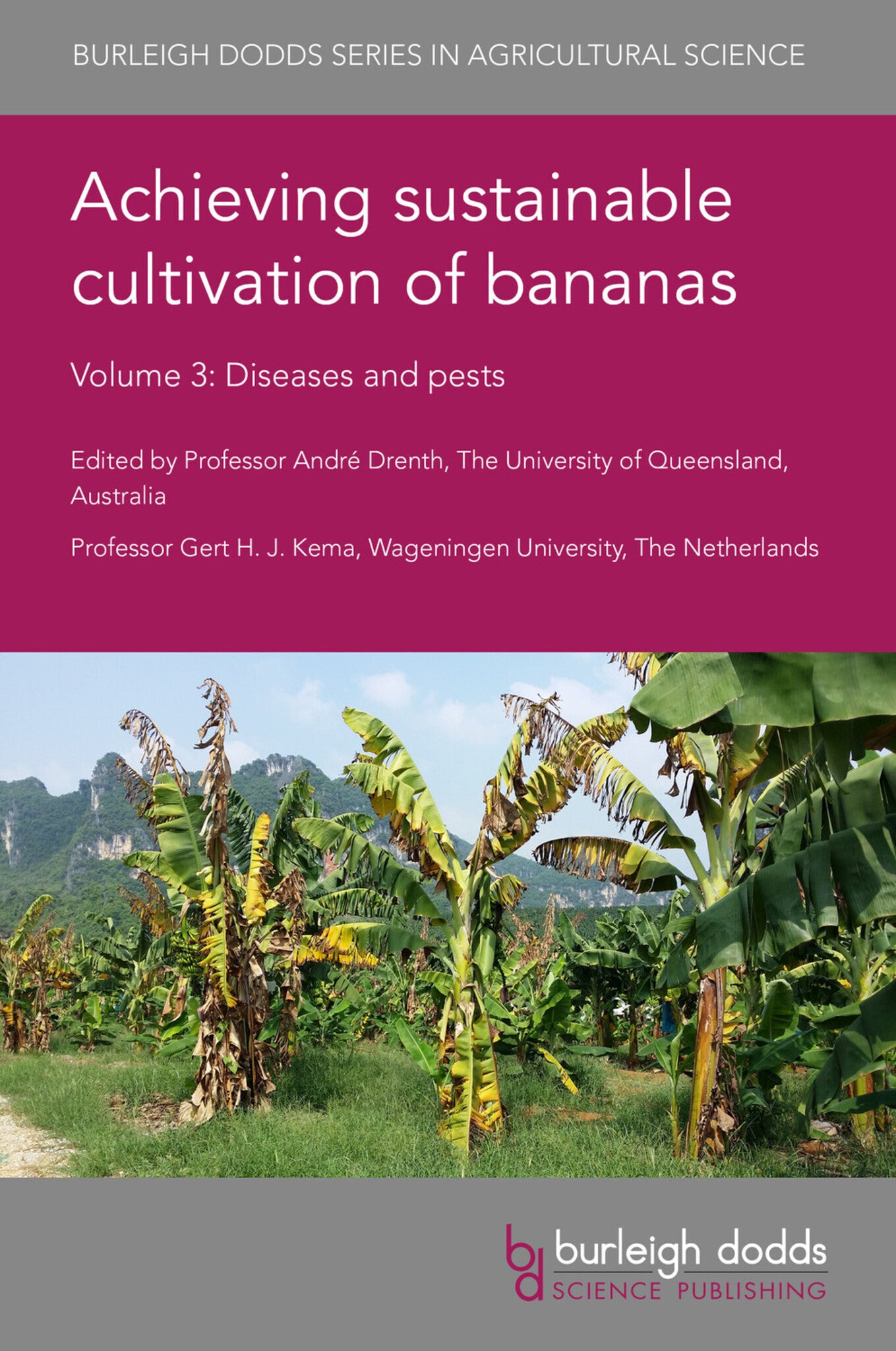 Book cover of 'Achieving sustainable cultivation of bananas' with banana plants and mountains in the background.